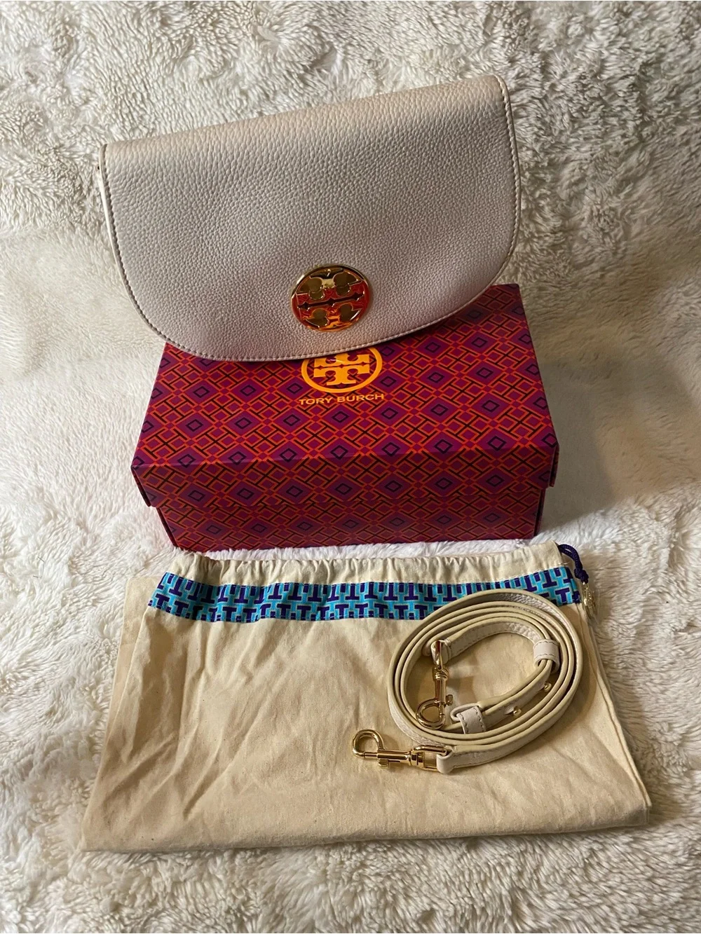 Tory Burch Cream Pebbled Leather Crossbody with Gold Logo